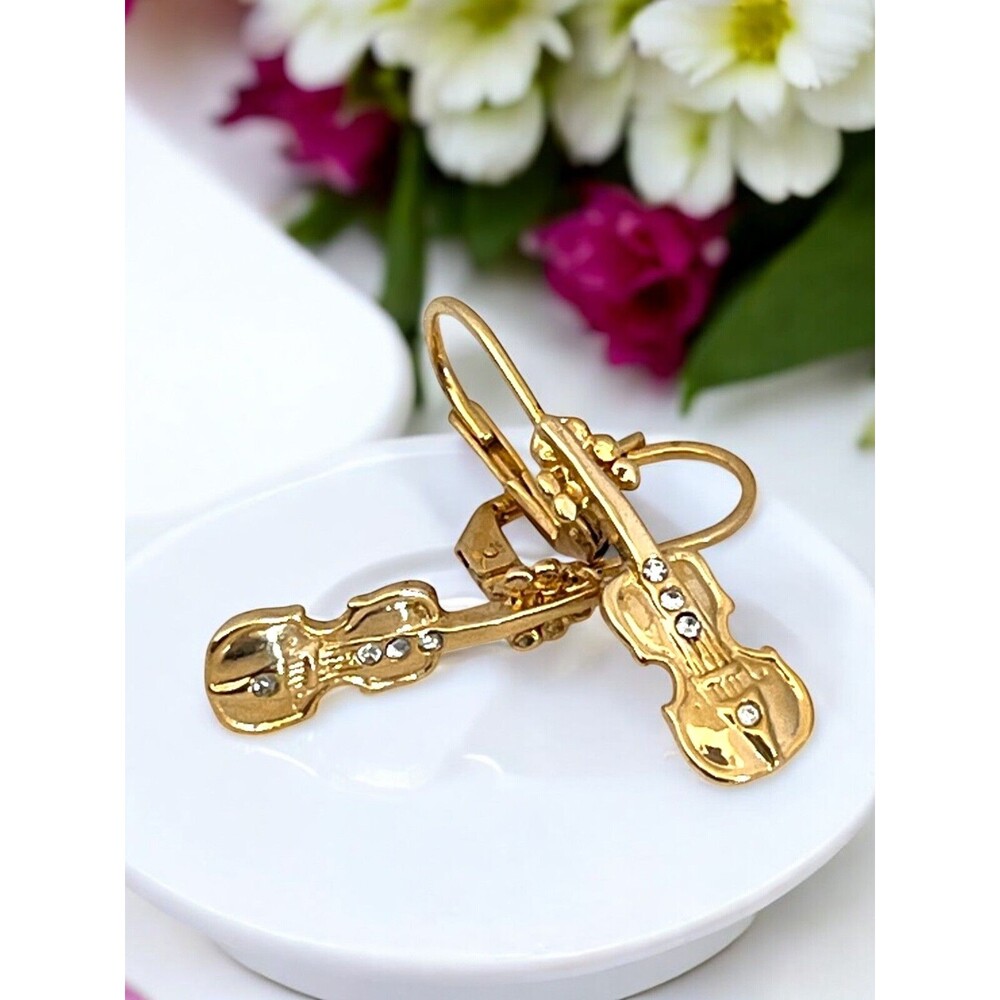Vintage 1980s Violin Drop Earrings Rhinestone Gold Tone Figural - 9M